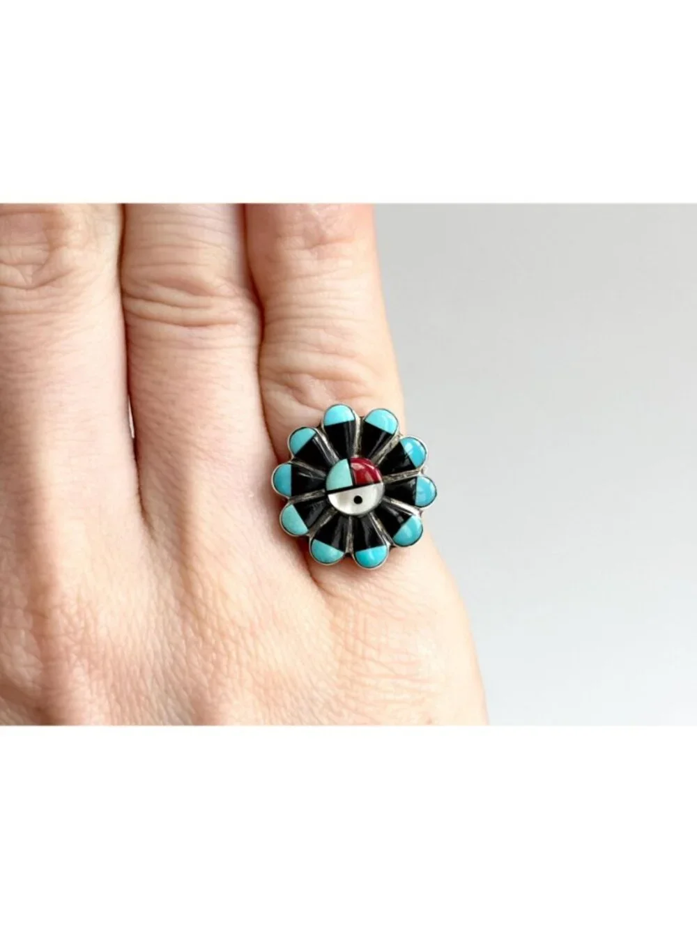 Zuni Sun Face Turquoise, Onyx, MOP & Coral Sterling Silver 925 Vintage Ring sz 6
